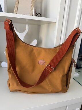 Vintage LONGCHAMP Le Pliage Side Pocket Hobo Shoulder Crossbody Bag Latte Brown
